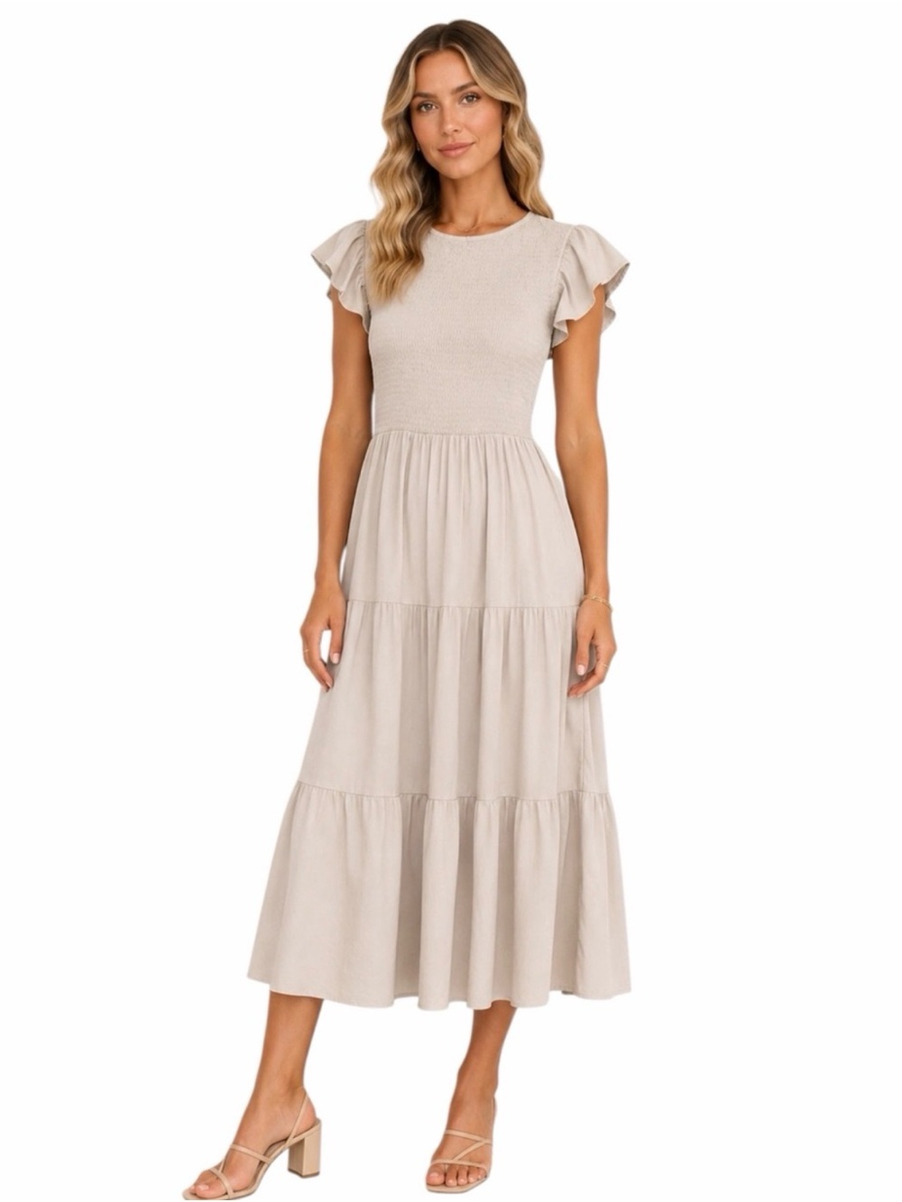 Blu Pepper Beige Ruffle-Sleeve Tiered Midi Dress